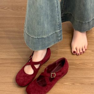 Retro Sheepskin Leather Red Mary Jane Shoes for Women - Height-Increasing Cross Strap Design, Vintage Style Flats