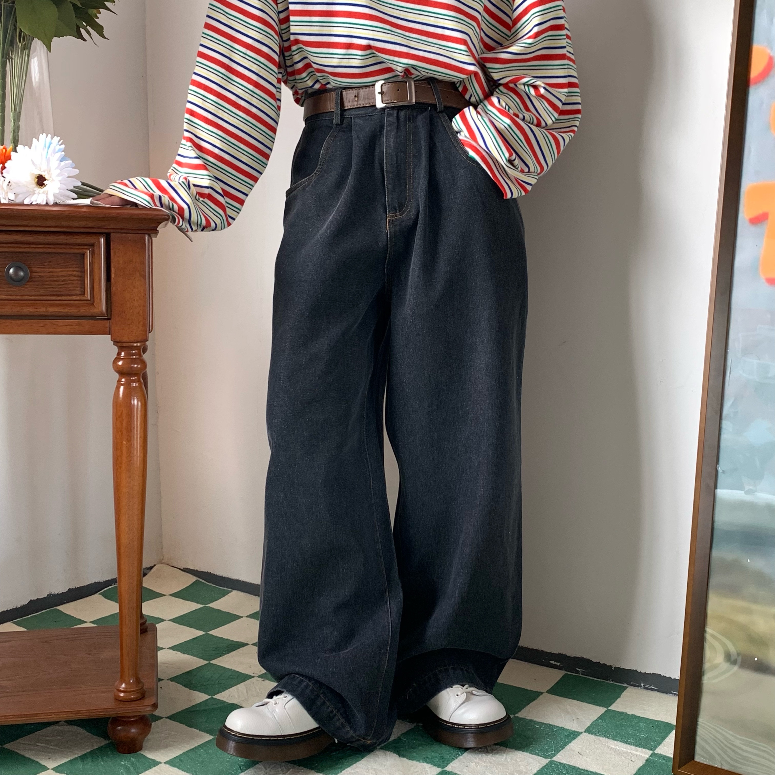 Retro Solid Color Plus Size Wide Leg Pants - Handmade Hong Kong Style Loose Floor-Length Trousers for a Trendy Old School Look
