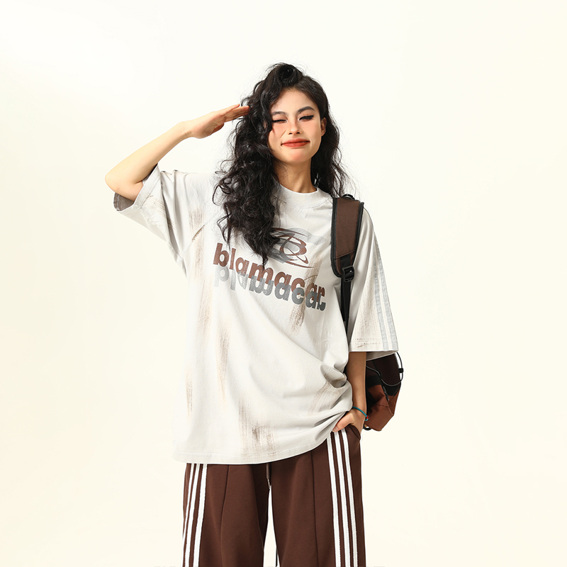Retro Street Graffiti Letter Short-Sleeve T-Shirt for Men and Women, Loose Fit High Street Trendy Top, 90s Inspired Fashion