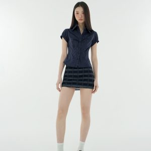 Retro Striped Waist-Cinching Short Sleeve Shirt - Vintage Inspired 90s Style Top