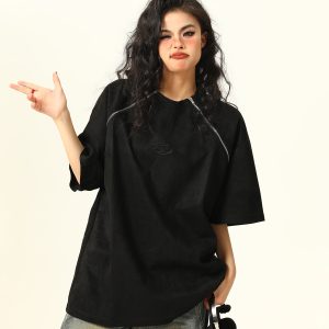 Retro Suede Double Zipper Short Sleeve T-Shirt for Men and Women - High Street Loose Fit Couple Tee, Y2K Style