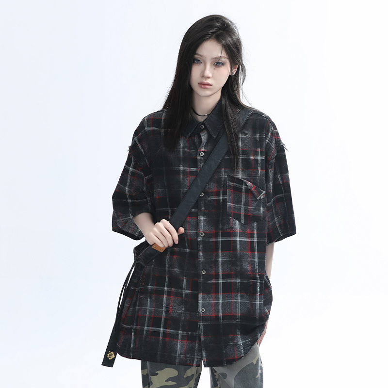 Retro Tie-Dye Plaid Short Sleeve Shirt for Women - Casual Summer Style, American High Street Trend