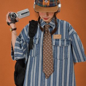 Retro Washed Striped Denim Short Sleeve Top - Loose Fit Vintage Cartoon Shirt for Summer Casual Style