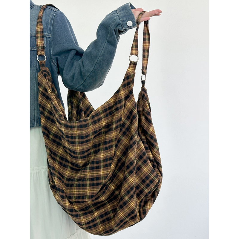 Retro Yellow Checkered Slouchy Tote Bag - Large Capacity Shoulder Crossbody Canvas Backpack in Lazy Style