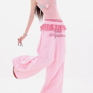 Ripple Wind Chime Casual Pants for Women - Original Dopamine Plaid Lace Design, Loose Wide-Leg Style, Trendy Y2K Fashion