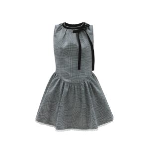 Roman Holiday Bow Tie Houndstooth Dress - Sleeveless Puff Skirt, Vintage 90s Style, Chic Party Dress for Women