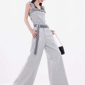 Romantic Bard Gray Belted Suit Pants for Women - Summer Wide-Leg Loose Casual Straight Pants