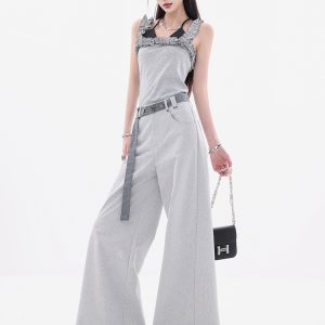 Romantic Bard Gray Belted Suit Pants for Women - Summer Wide-Leg Loose Casual Straight Pants