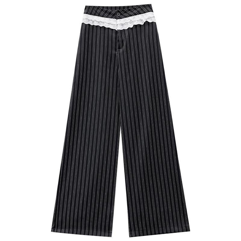 Romantic Monologue Striped Lace Trim Casual Pants for Women - 2025 Straight-Leg Floor-Length Trousers, Y2K Chic Style
