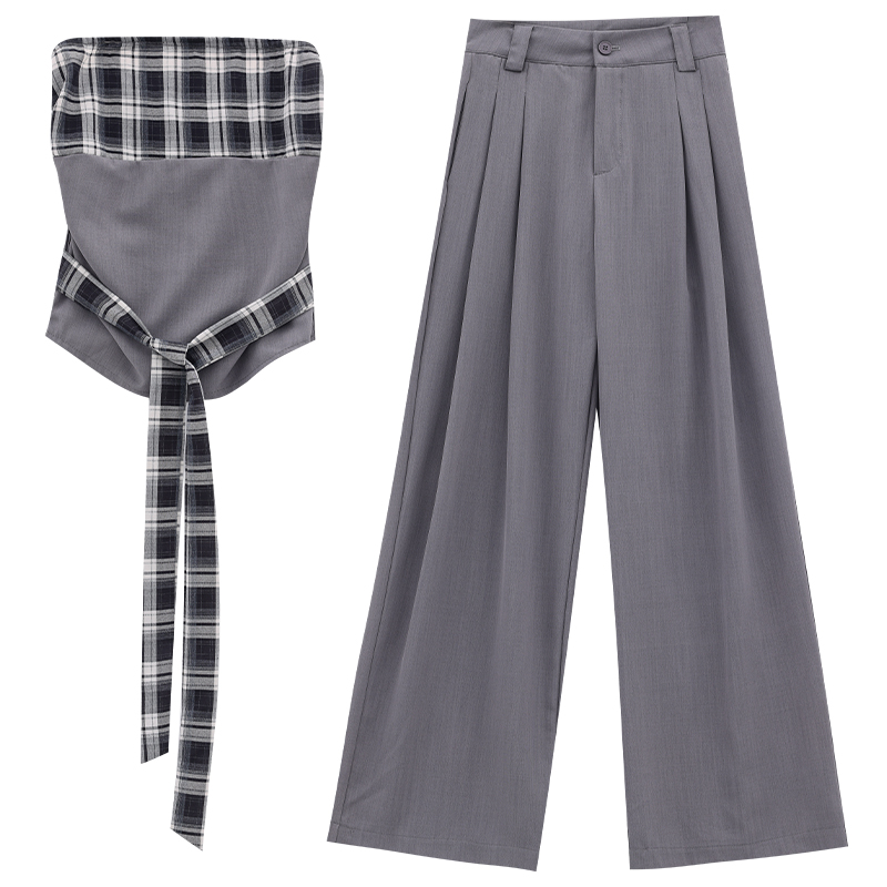 Romantic Plaid Splicing Strapless Top and Loose Pleated Straight Leg Pants Two-Piece Set for Women - Y2K Style Fashion