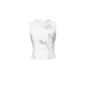 Rose Print Mesh Vest Top - Summer Sleeveless Slim Fit T-Shirt, Floral Design, 90s Inspired Fashion, Women's Casual Wear