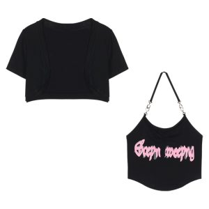 Sexy Halter Neck Tank Top and Cardigan Two-Piece Set for Women, Summer Crop Top with Short Sleeves, European and American Style