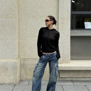 Sexy Ultra-Low Waist Vintage Street Cargo Denim Pants in Deep Blue - Heavy-Duty 90s Inspired Workwear Trousers