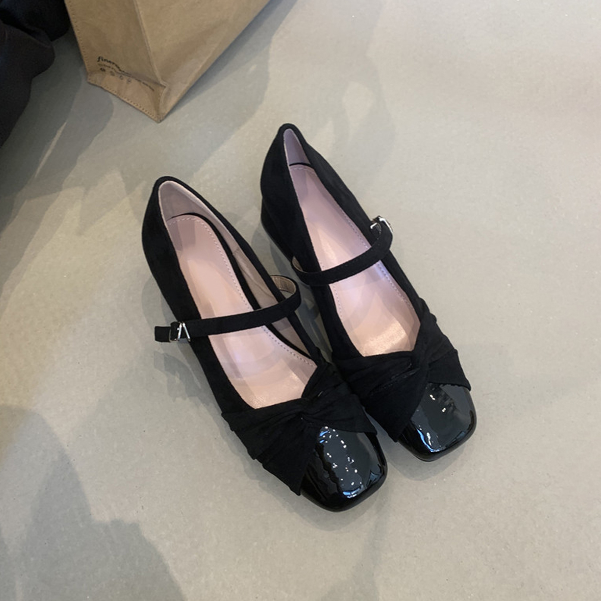 Sheepskin Fairy Style Square Toe Mary Jane Shoes with Buckle - Elegant High-Heeled Chunky Heel Flats for Women