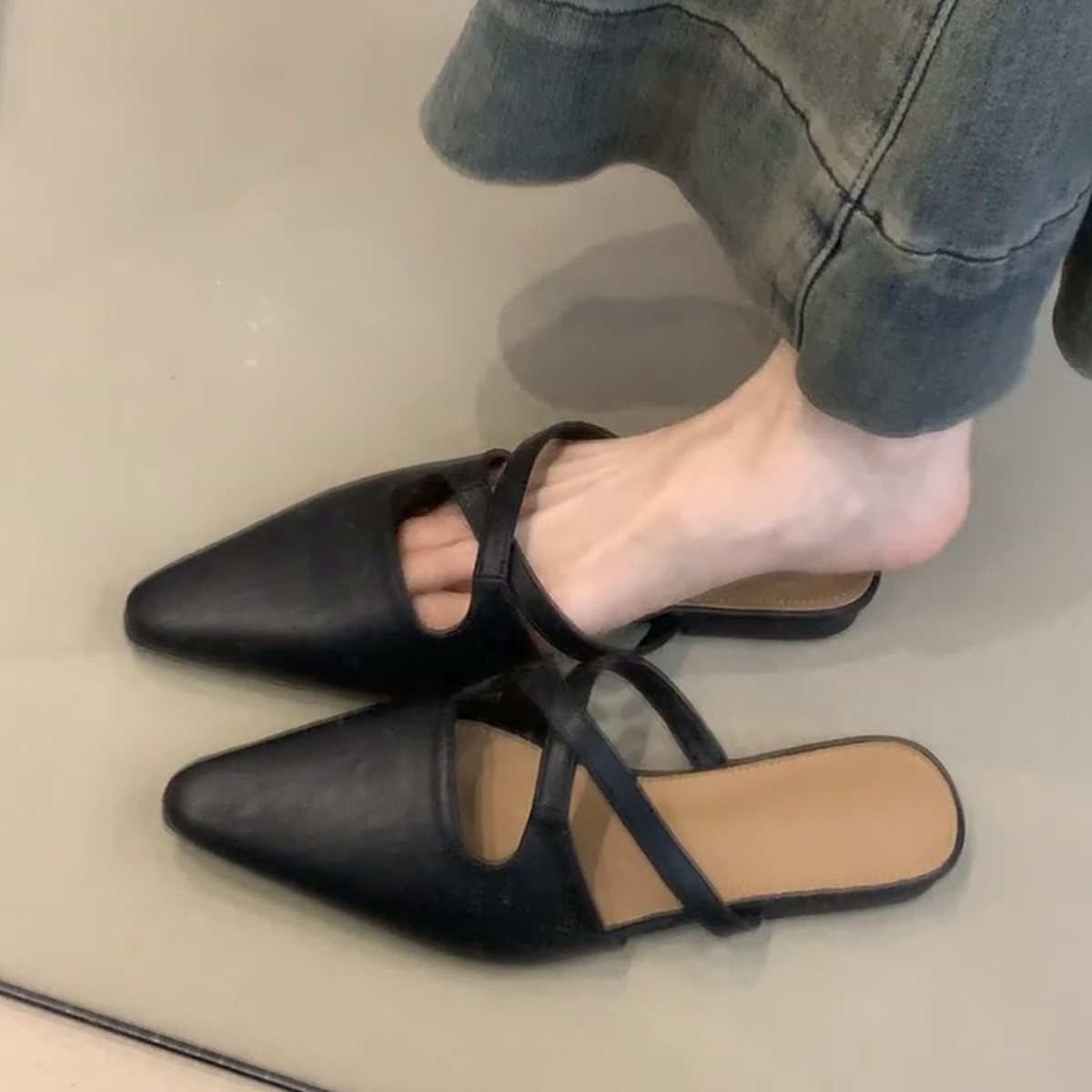 Sheepskin French Cross-Strap Open-Toe Half Slippers - Flat Slip-On Cool Sandals, Elegant Mules for Casual Chic Style