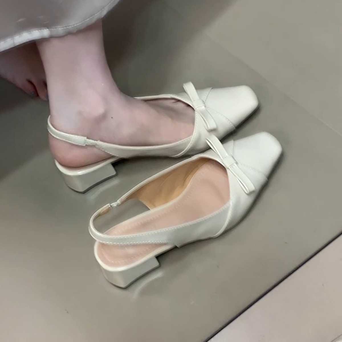 Sheepskin French Style Bow Tie Chunky Heel Open-Toe Sandals with Back Strap - Elegant Shallow Mouth Square Toe Flats for Women