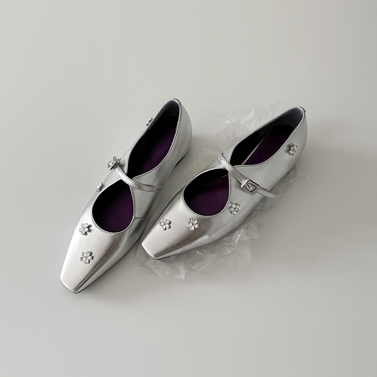Sheepskin Mary Jane Shoes for Women - Rhinestone Floral Design, Silver Strap, Height-Increasing, Square Toe, Chic Fashion Footwear
