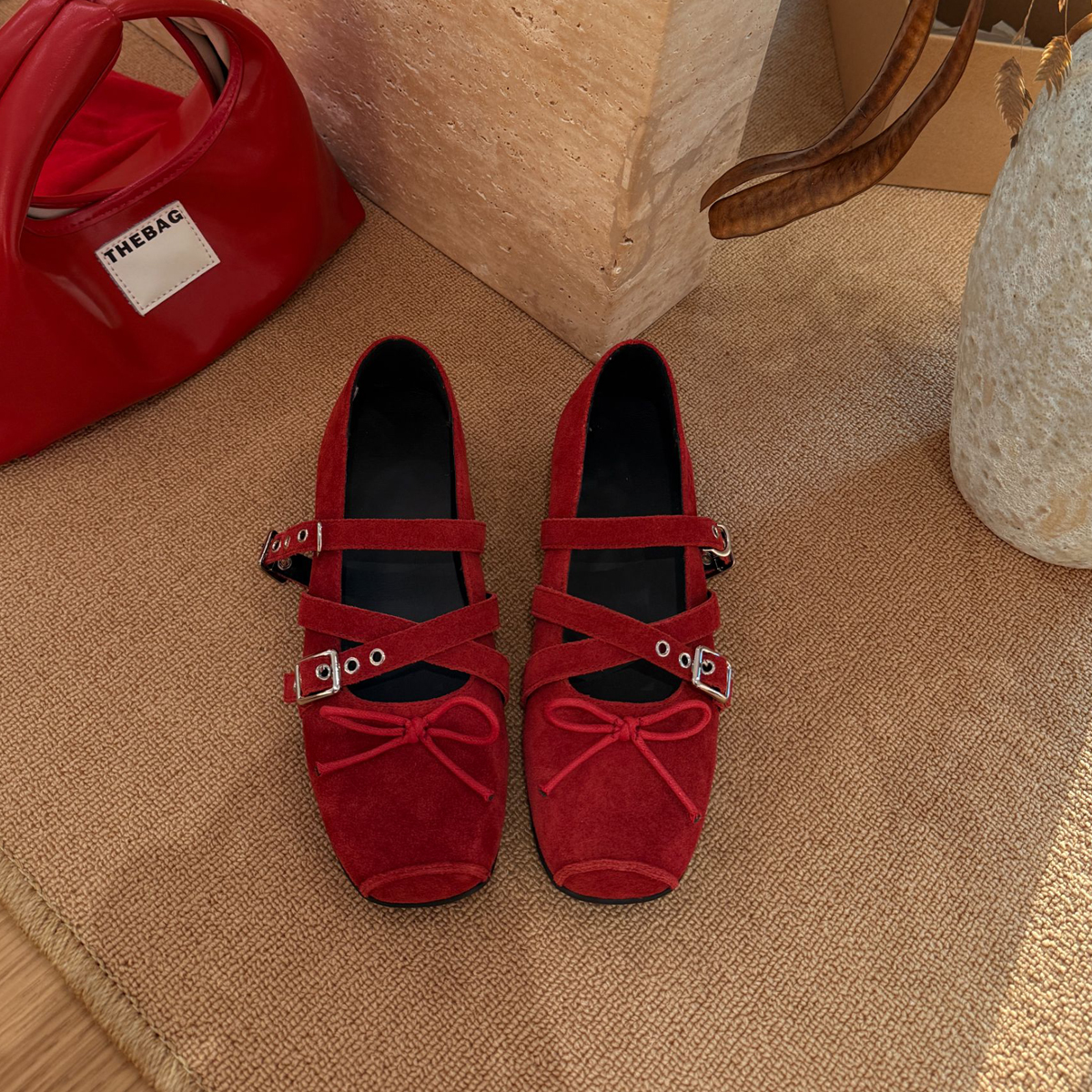 Sheepskin Square-Toe Cross-Strap Ballet Flats with Retro Bow - Versatile Shallow Mouth Mary Jane Shoes for Women