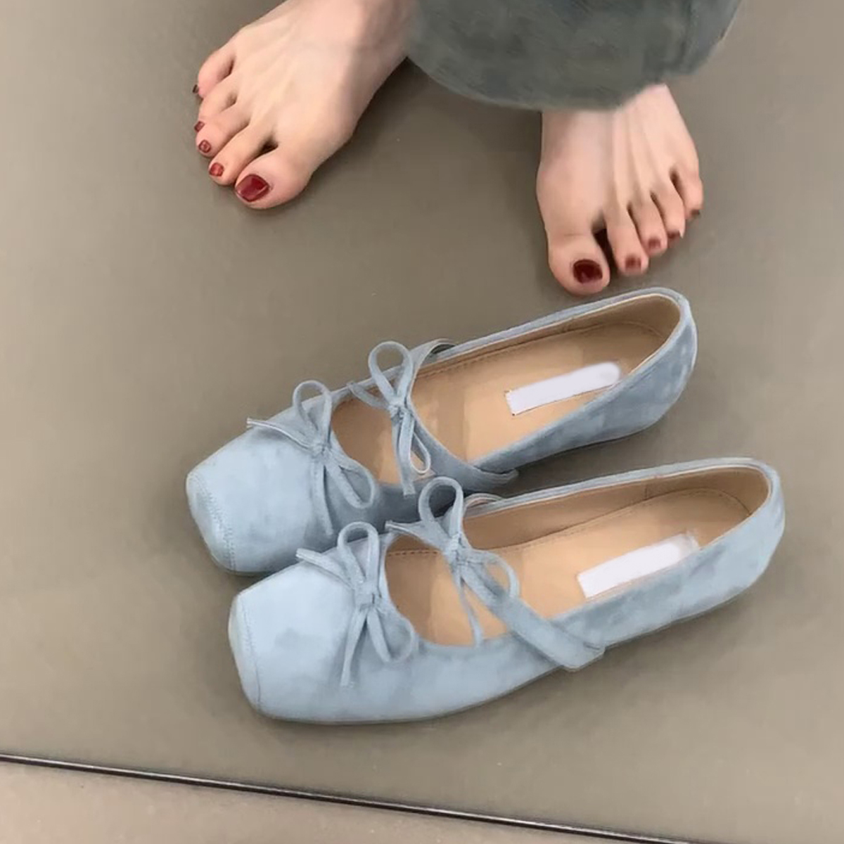 Sheepskin Square-Toed Bow Ballet Shoes - French Style Hidden Height Mary Jane Flats for Evening Wear, Shallow Mouth Design