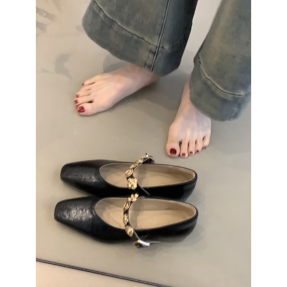 Sheepskin Square-Toed Height-Increasing Mary Jane Flats with Metal Buckle - French Style Commuting Shoes