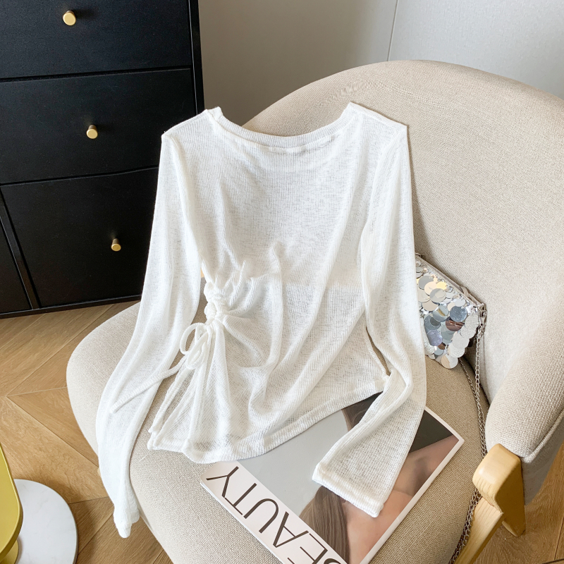 Sheer Round Neck Long Sleeve Knitted Top for Women - Irregular Pleated Sun Protection Air Conditioning Cover-Up Blouse