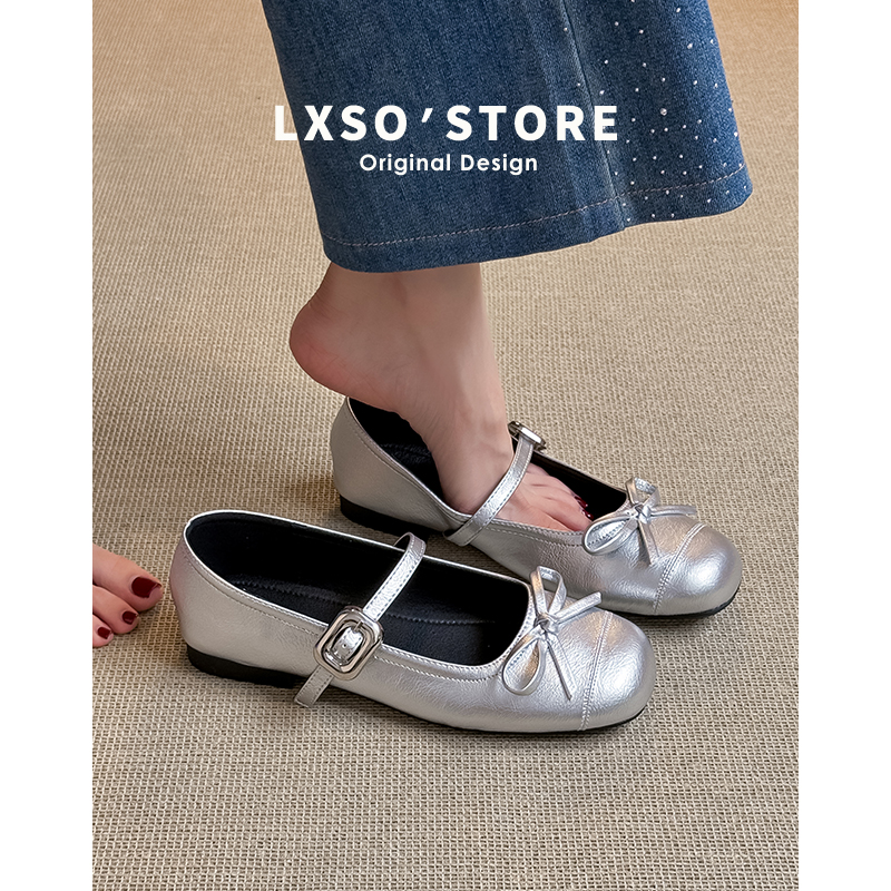 Silver Mary Jane Flat Shoes for Women, Retro Bow Detail, Shallow Mouth Leather Ballet Style, French Chic Footwear