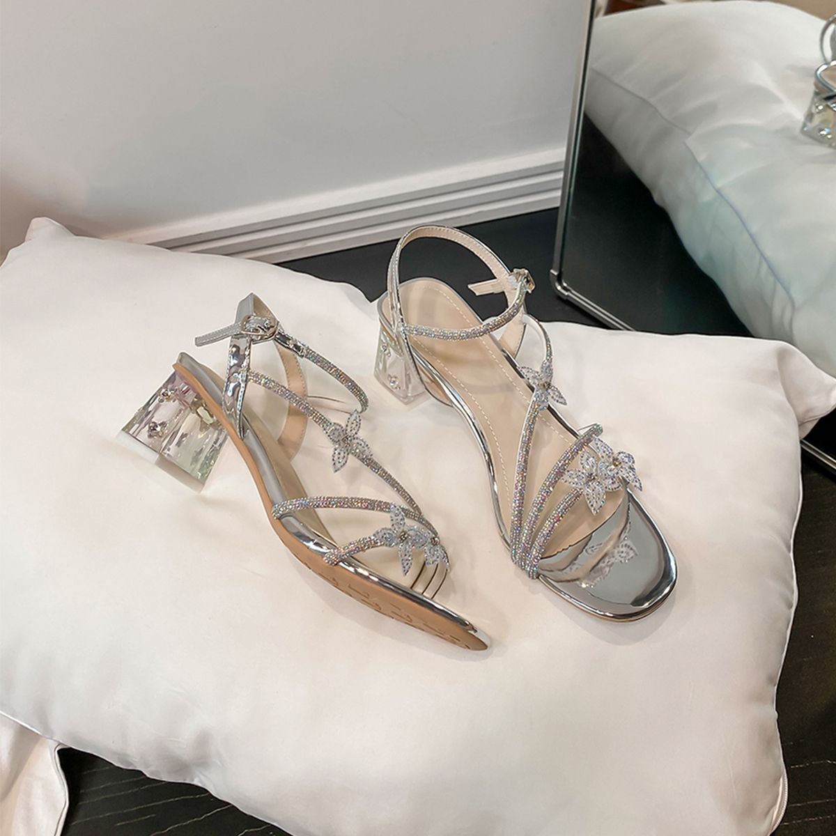 Silver Rhinestone Chunky Heel Sandals for Women - Open-Toe Bowknot Crystal Design, Perfect Summer Footwear for Skirts