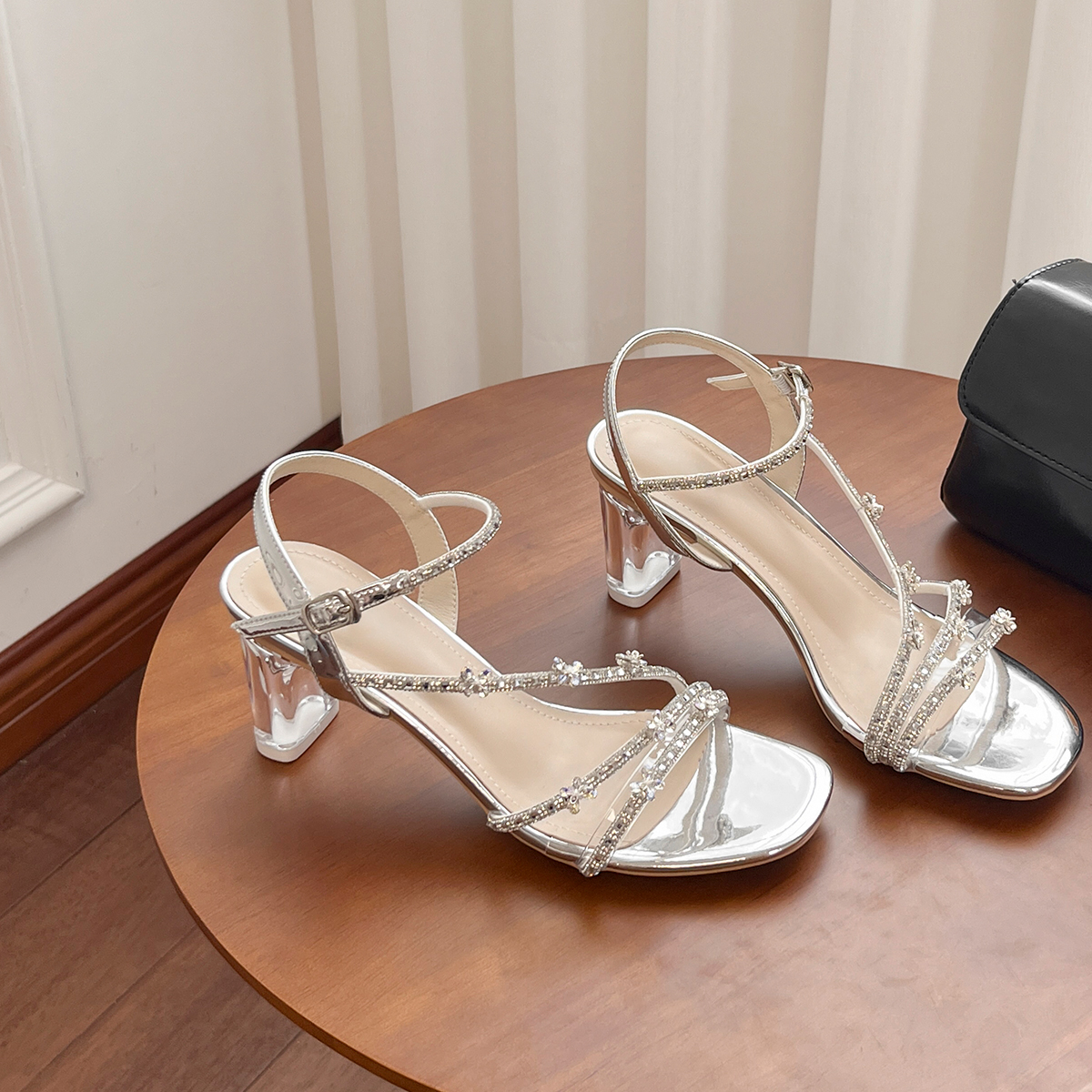 Silver Rhinestone One-Strap High Heels for Women - French Style Transparent Crystal Heels for Skirts, Elegant Evening Wear