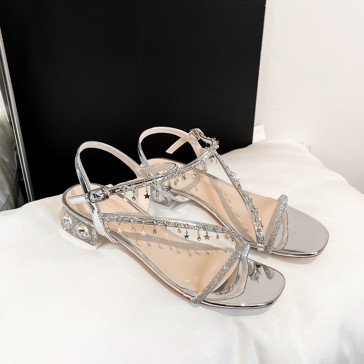 Silver Rhinestone Sheepskin Sandals for Women - Summer Chunky Heel One Strap Square Toe Transparent Crystal High Heels