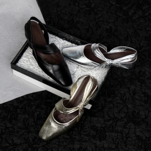 Silver Square-Toe Sheepskin Backless Sandals for Women - Summer Chunky Heel Two-Way Wear Slippers
