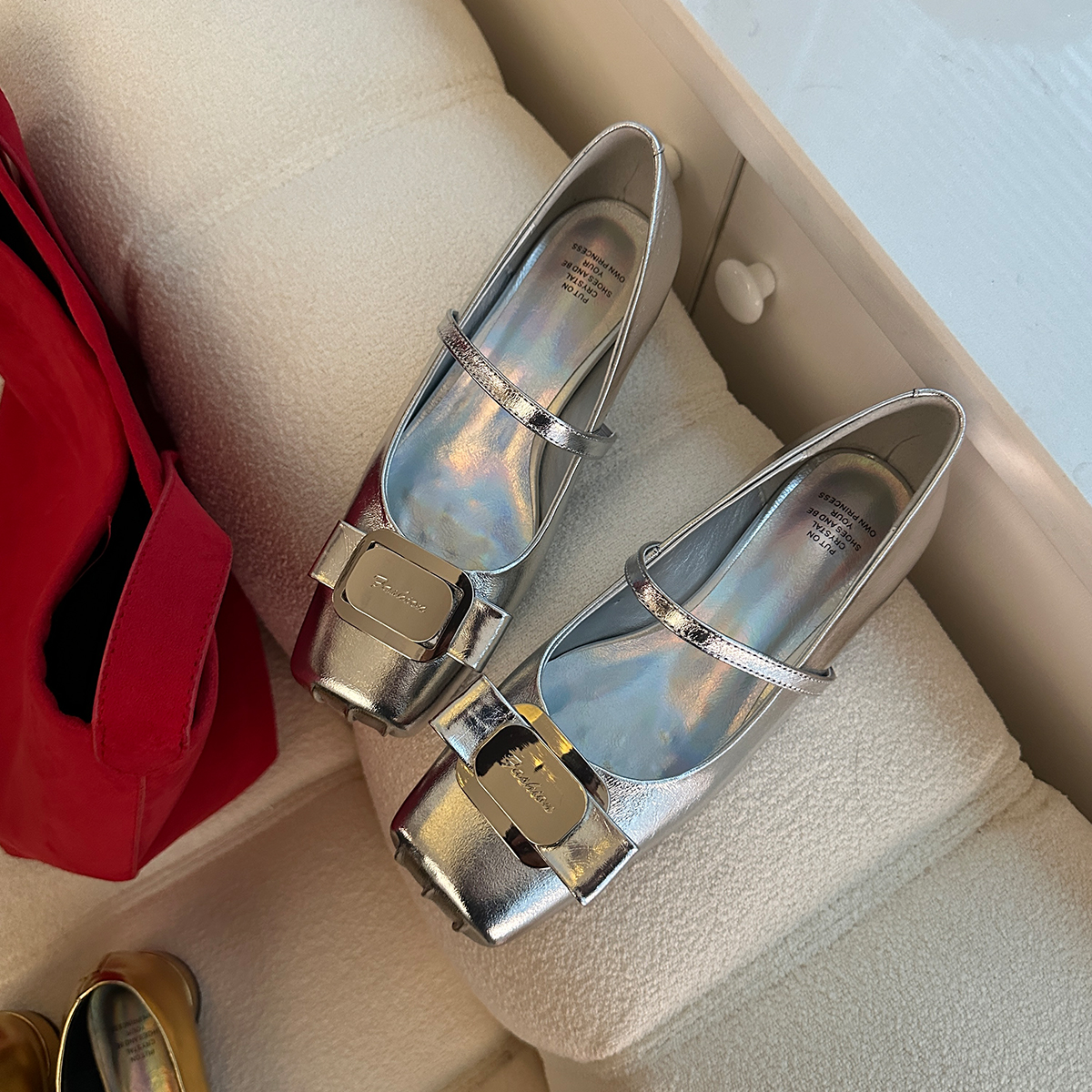 Silver Square-Toed Sheepskin Ballet Flats for Women with Flat Metal Buckle and Bow - French Retro Mary Jane Style