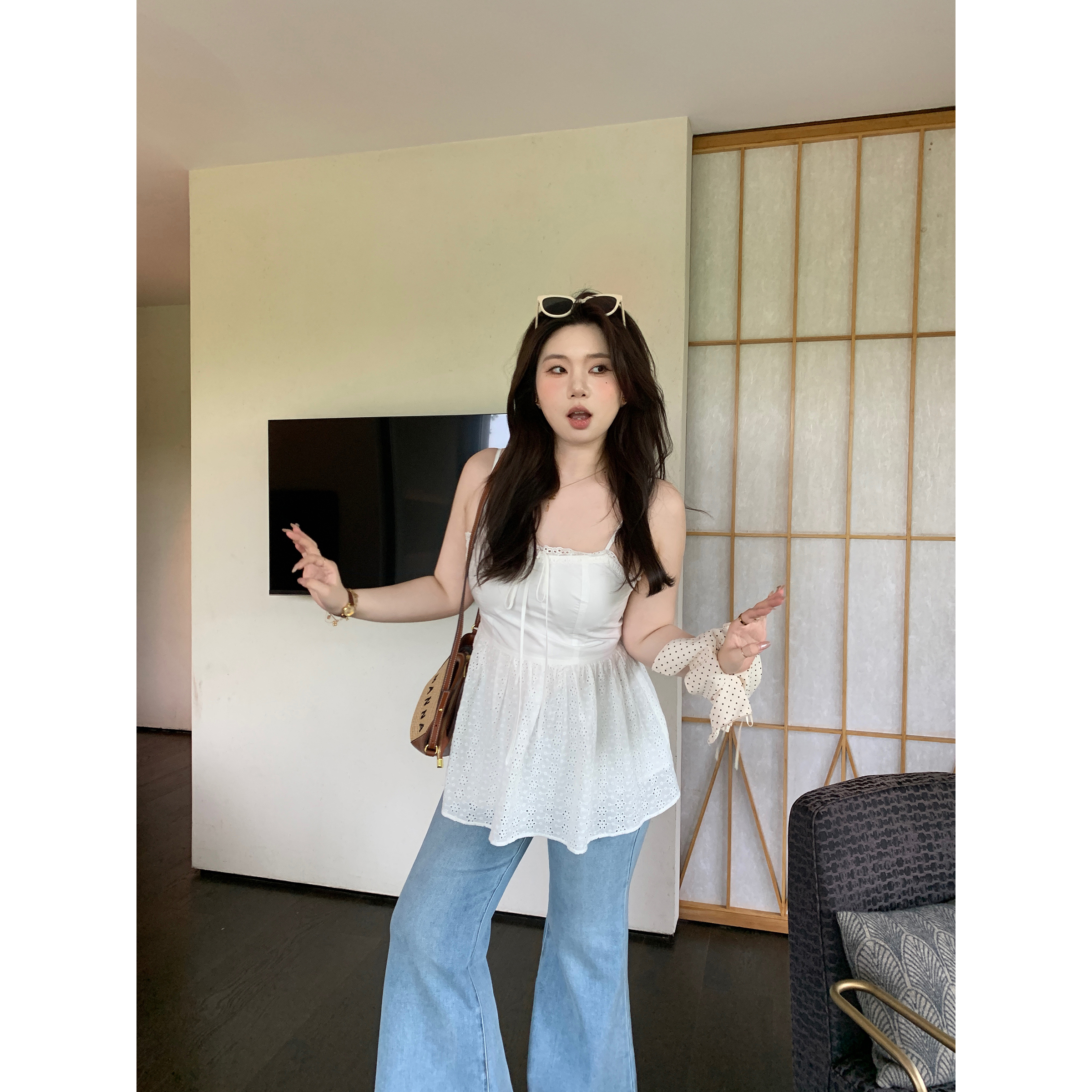 Slightly Chubby Sweetheart Lace Tie-Up White Camisole Top with Floral Design - Oversized Instagram Style Fashion
