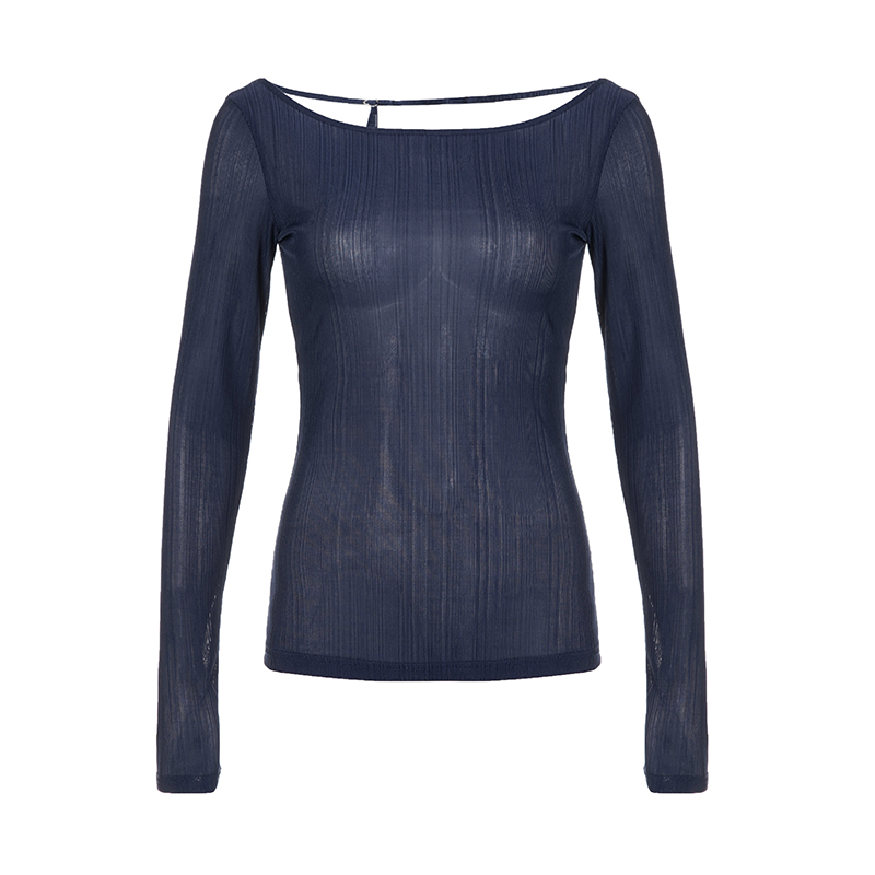 Smog Blue Lace-Up Backless Fitted Thin Knit Top for Women - One-Shoulder Long Sleeve Solid Color Shirt, Y2K Style
