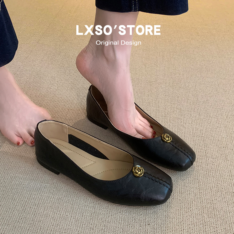 Soft Genuine Leather French Mary Jane Shoes for Women, 2025 Commuting Style, Square Toe Shallow Mouth Small Leather Flats
