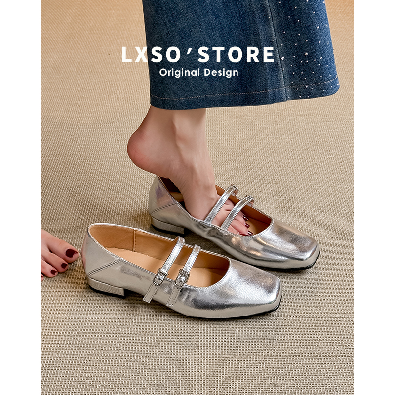 Soft Lambskin French Silver Flat Shoes for Women - Square Toe One-Strap Ballet Flats & Mary Jane Style Footwear