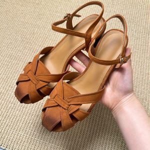 Soft Lambskin French Style Open-Toe High-Heeled Roman Sandals for Women - Artistic Woven Hollow Brown Summer Shoes