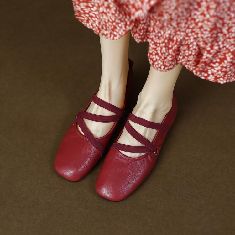 Soft Leather Flat Mary Jane Shoes for Women - Cross Strap Design, Italian Style, Perfect for Casual or Elegant Looks
