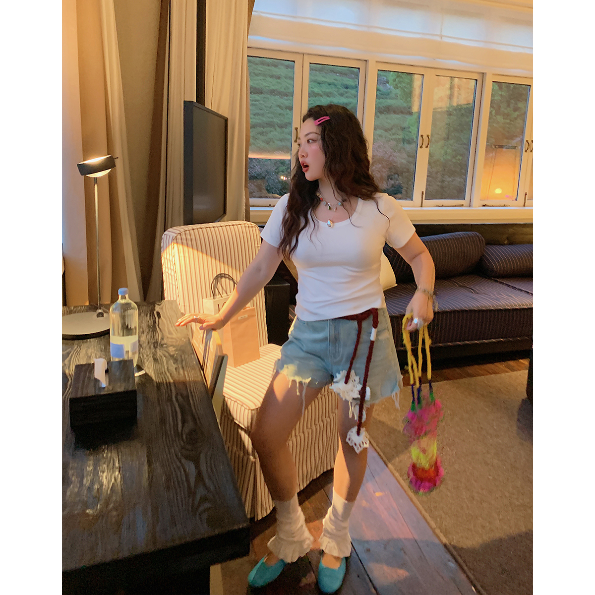 Solid Color Round Neck Short Sleeve T-Shirt for Women - Slim Fit Waist-Cinching Summer Top 2025, Flattering Shoulder Design