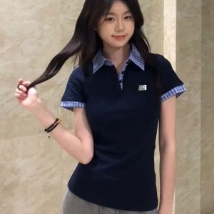 Spicy Girl Embroidered Polo Collar Short Sleeve T-Shirt - Slim Fit Two-Piece Look for Women - Summer 2025 Trendy Fashion Top