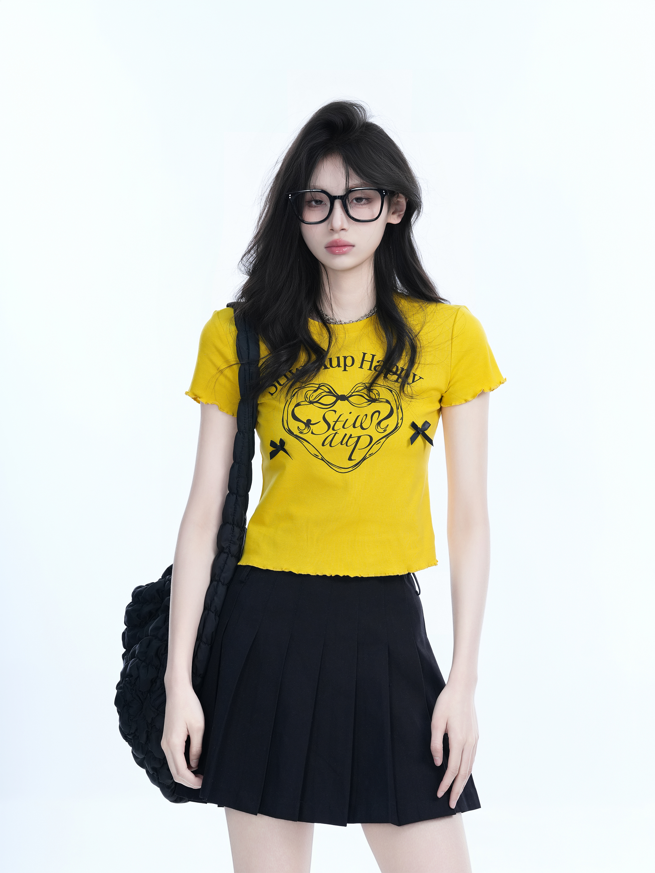 Spicy Girl Heart Bow Short Sleeve T-Shirt - American Style Slim Fit Top with Mountain Print - Y2K Fashion