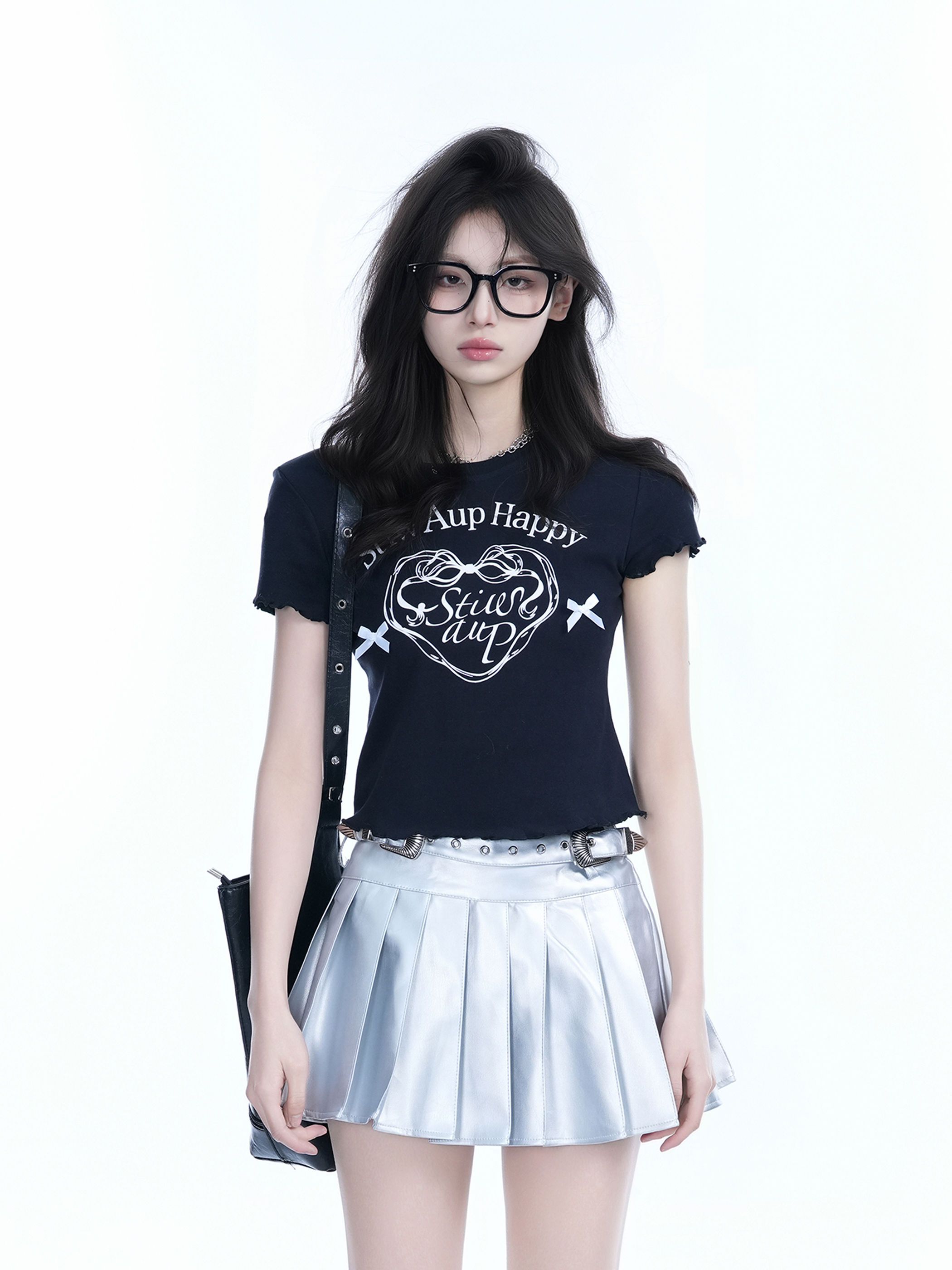 Spicy Girl Heart Bow Short Sleeve T-Shirt - American Style Slim Fit Top with Mountain Print - Y2K Fashion