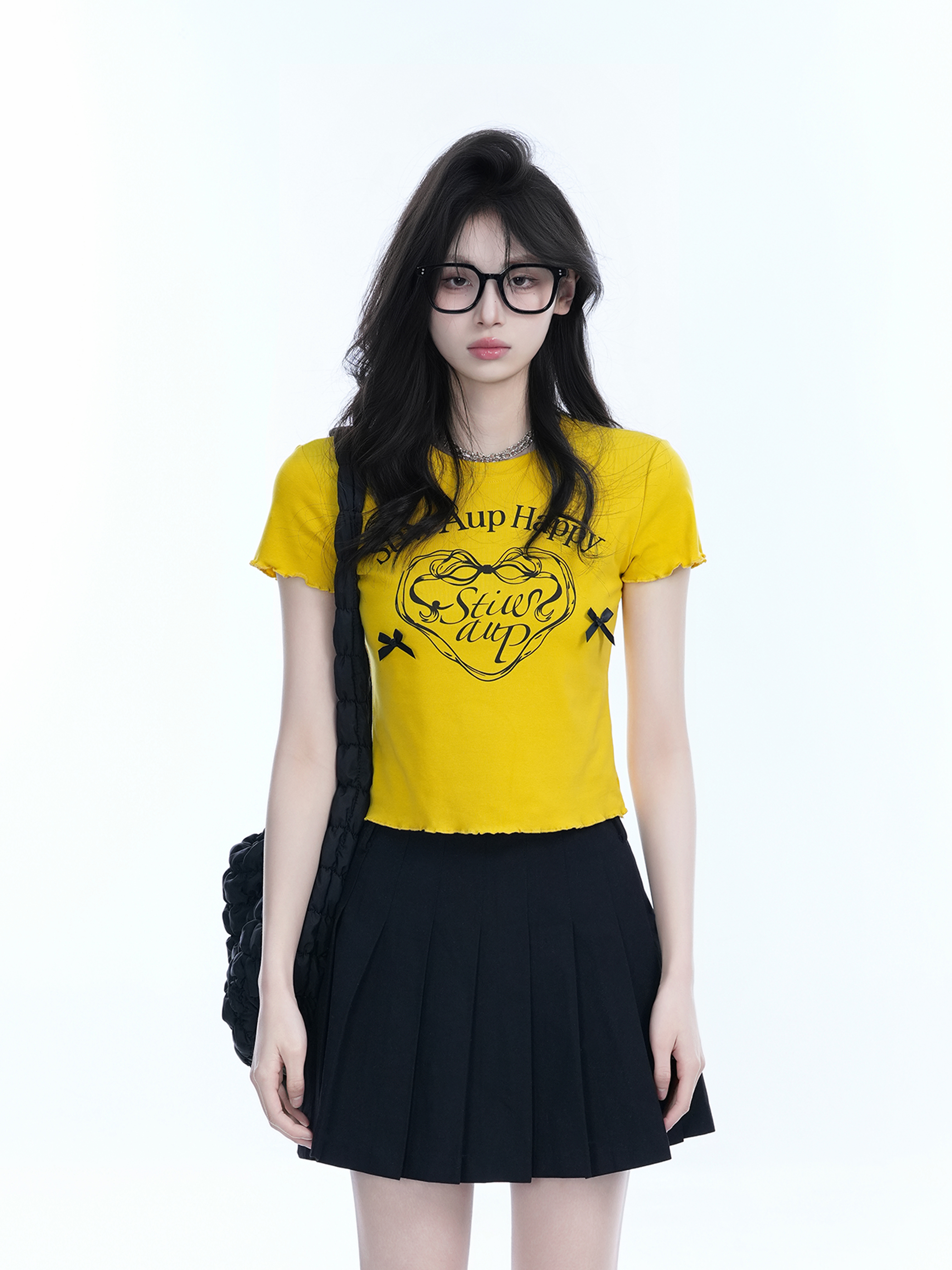 Spicy Girl Heart Bow Short Sleeve T-Shirt - American Style Slim Fit Top with Mountain Print - Y2K Fashion