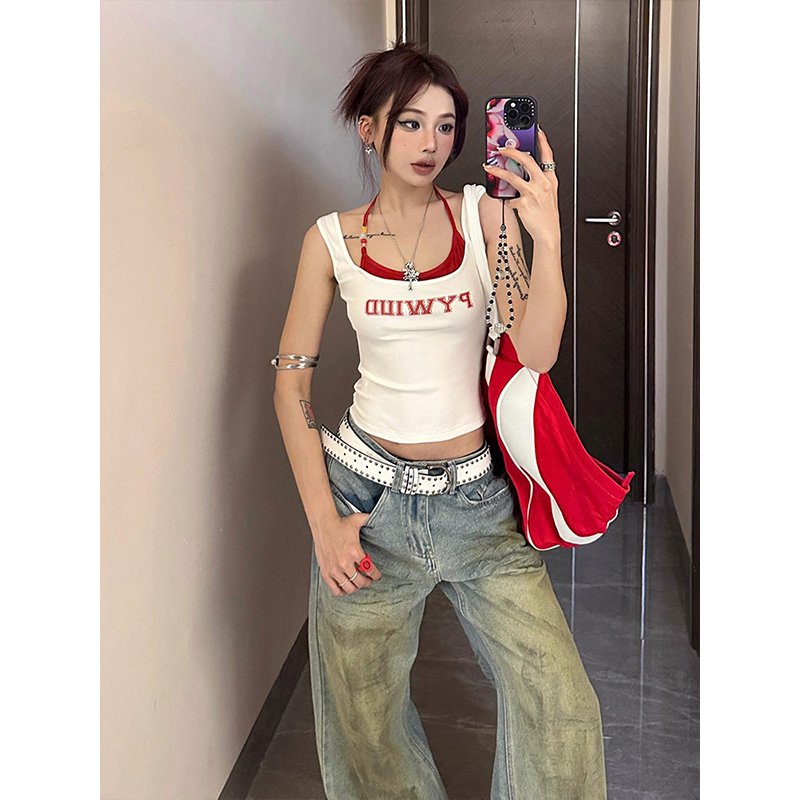 Spicy Girl Sleeveless Summer Tank Top - Color-Blocking, Waist-Cinching, Slim Fit, American Style, Y2K Inspired