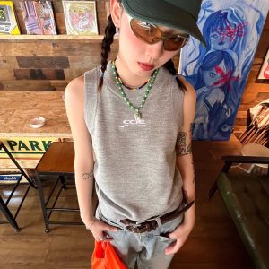 Spicy Girl Tank Top - American Style Knitted Sleeveless T-Shirt with Letter Embroidery - Summer Basic Street Fashion