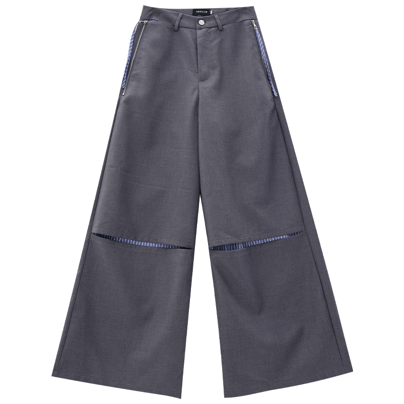 Split Design Spliced Faux Two-Piece Gray Wide-Leg Suit Pants for Women - Loose Straight Cut, Trendy Y2K Style