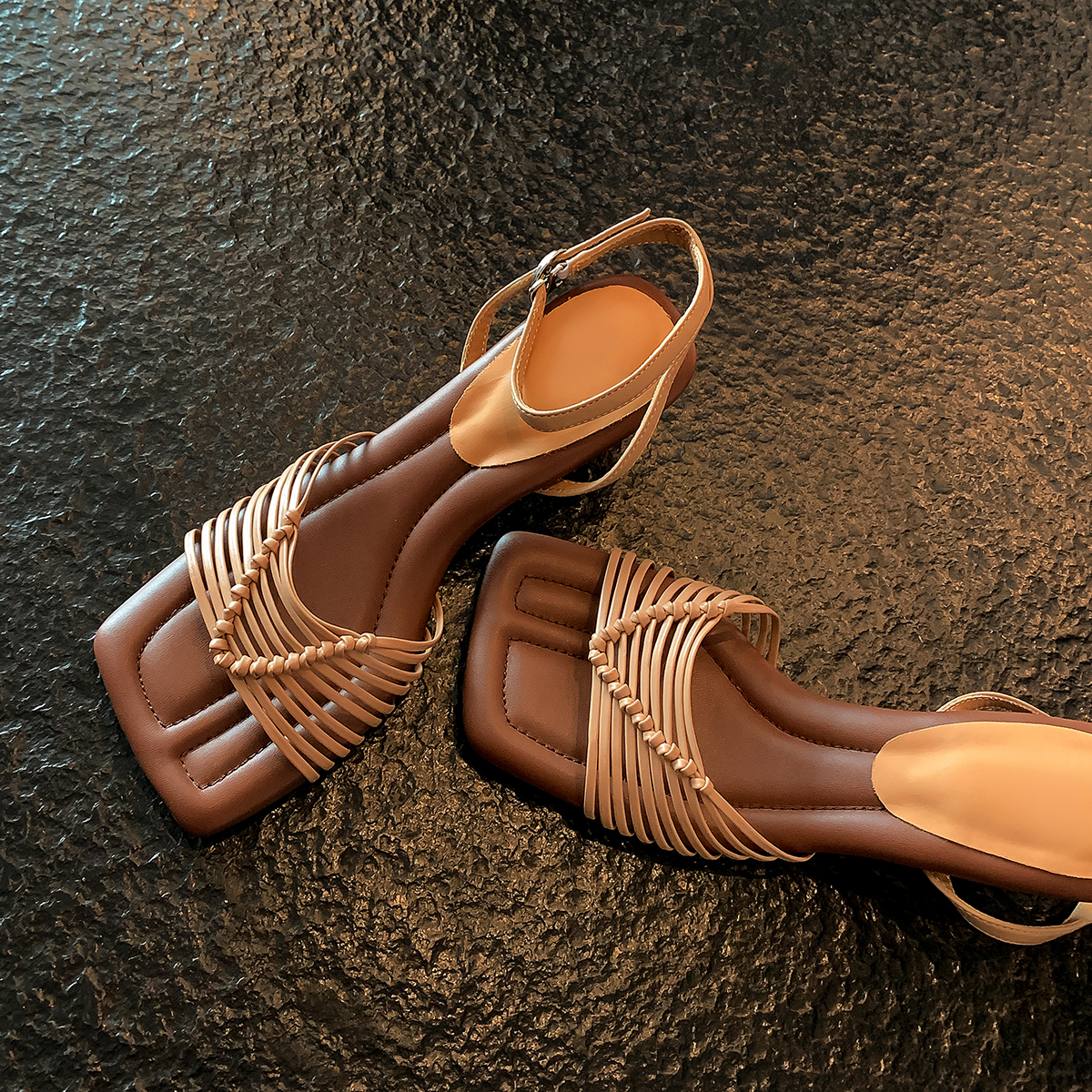 Square-Toed High-Heeled Sheepskin Sandals for Women - Hollow-Out Thin Strap, Versatile Woven Summer Fashion Footwear