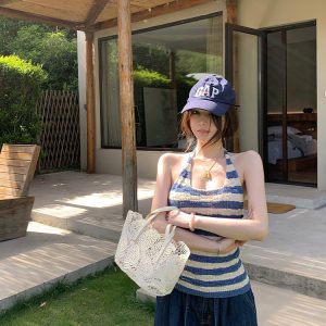 Striped Backless Halter Summer Vest Top in Ice Silk - Slim Fit Sea Salt Cool Breeze Style for Trendy Summer Looks