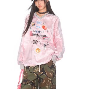 Striped Print V-Neck Long Sleeve T-Shirt for Women - American Sweetheart Style, Autumn Sports Fashion