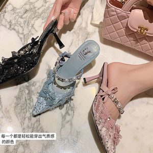 Stylish Bow Lace Open-Toe Slippers for Women with Rhinestones - Trendy Lazy Vibe Sweet Sandals