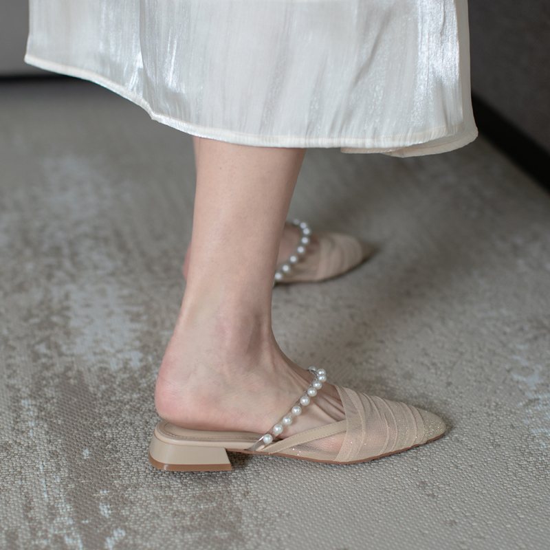 Stylish Casual Outdoor Pearl Mesh Chunky Low-Heeled Half Slippers Sandals for Women - Versatile Summer Footwear